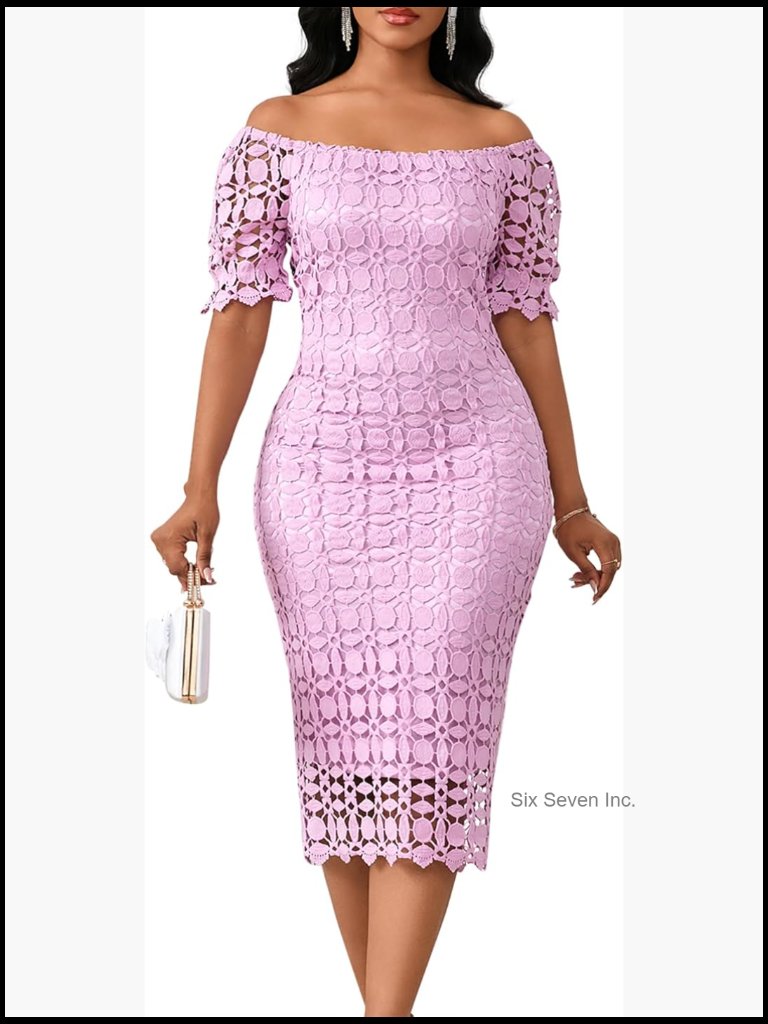 Floral Lace Short Sleeve Off Shoulder Evening Gown Bodycon Midi Dress